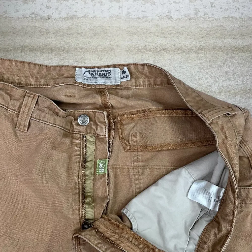 Vintage 90s Mountain Khakis Carpenter Pants 38x30 Slim Tan Canvas Double Knees - Picture 4 of 4